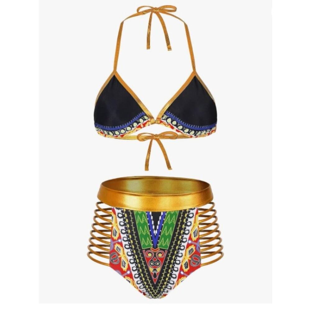 Zando Brand Women's Medium NWOT Metallic Gold & Black African Bikini Swimsuit